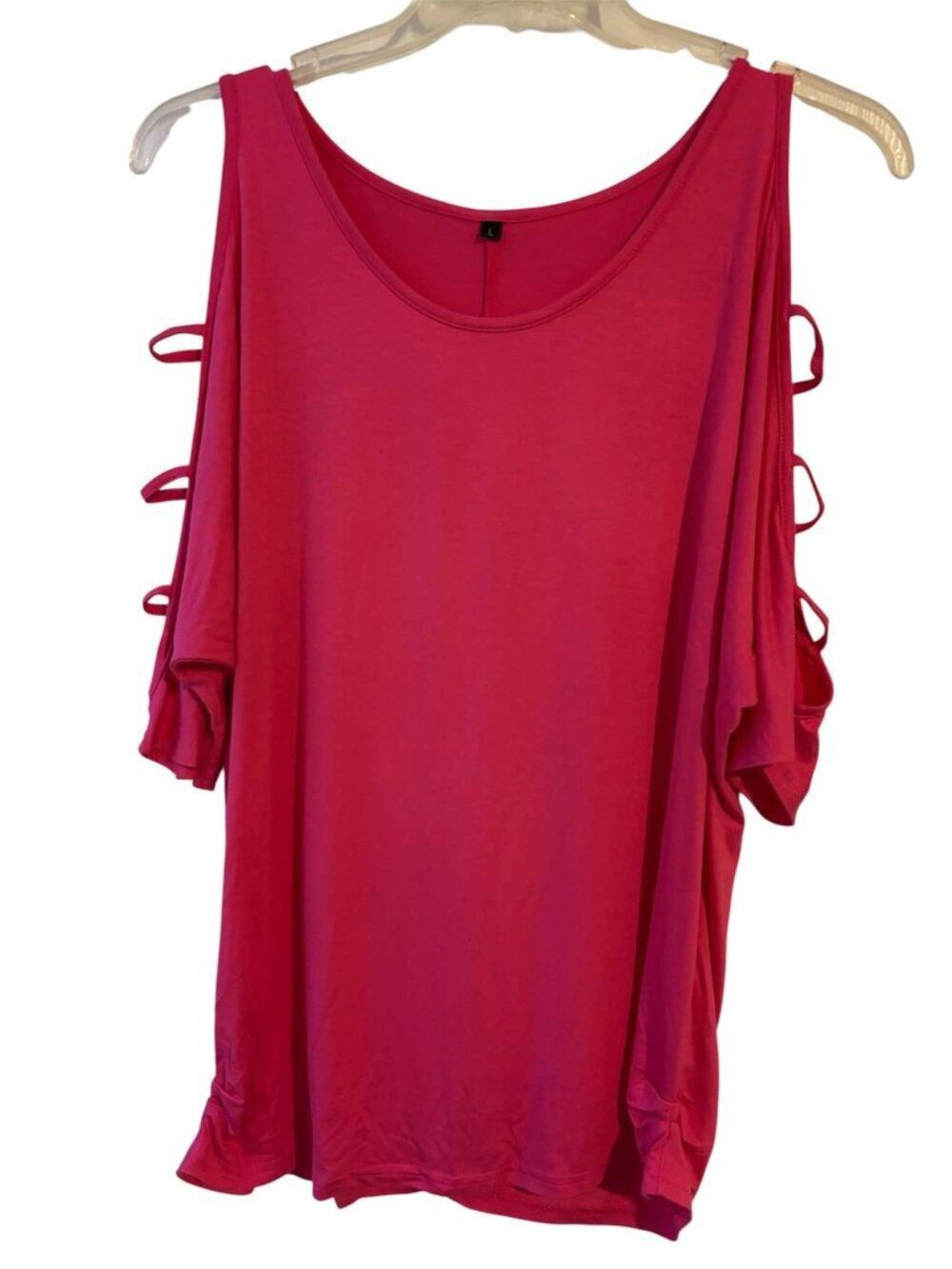 Large Pink Lattice Sleeve Shirt Cold Shoulder Ruched Waist